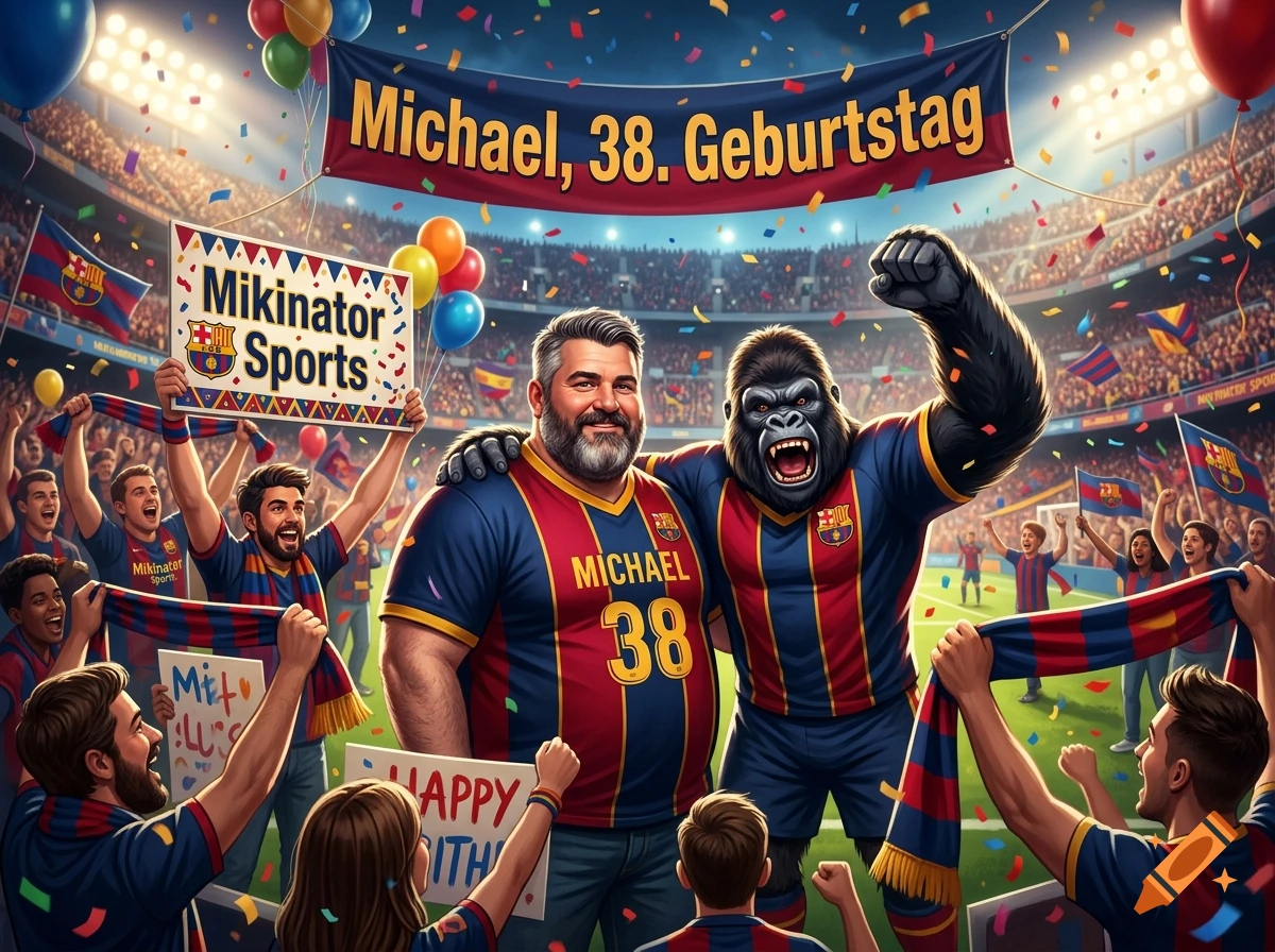 A smiling man and a gorilla mascot in soccer jerseys celebrating with cheering fans in a crowded stadium.