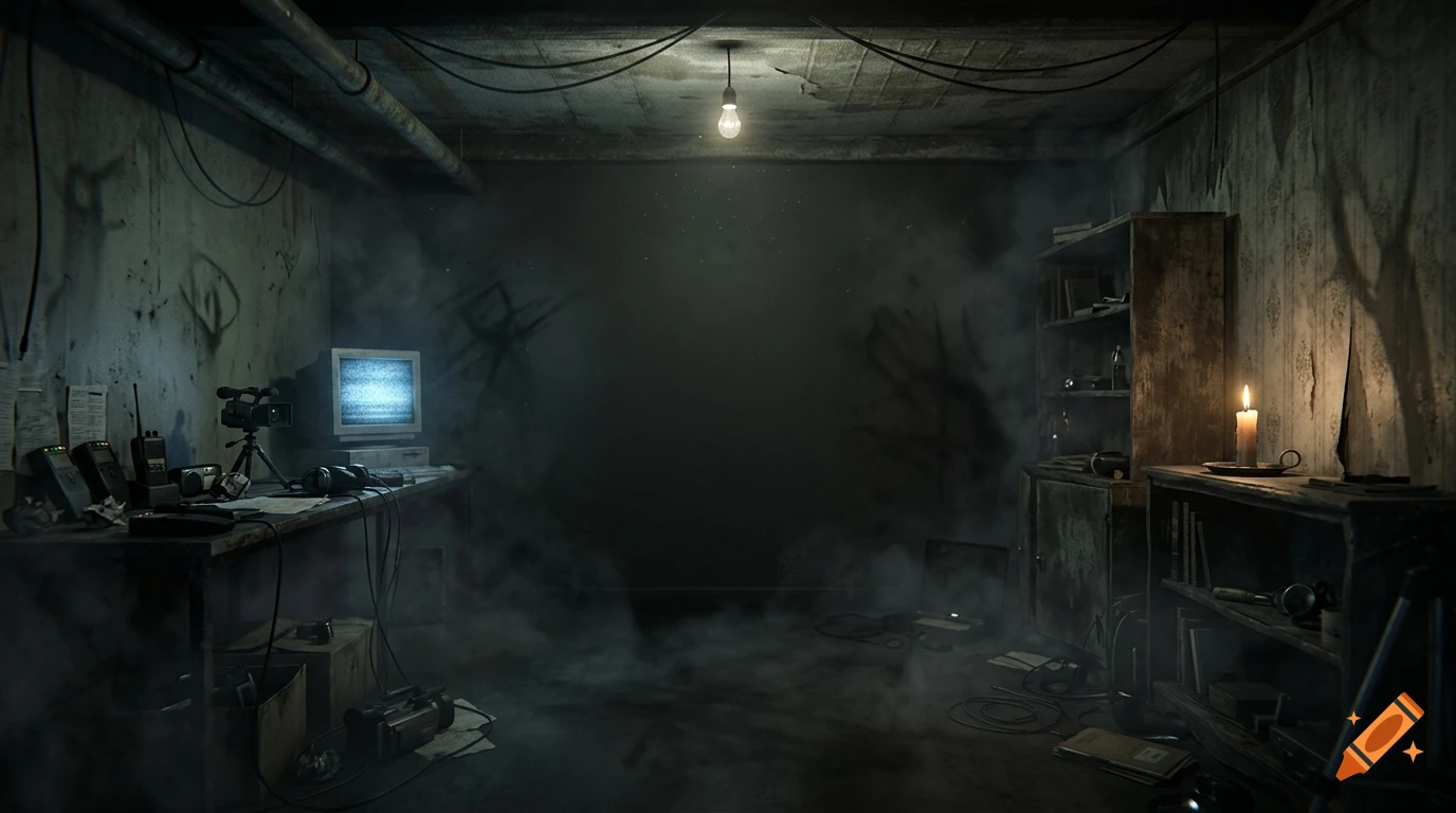 Dark, spooky basement with mist, exposed pipes, a flickering lightbulb, and surveillance equipment.