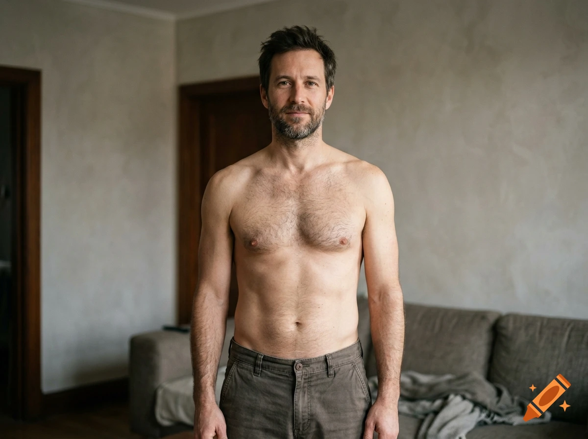 Photorealistic medium shot of a shirtless man with a beard standing in a living room.