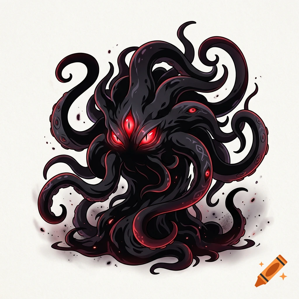 An official-style Pokémon illustration of a shadowy Lovecraftian tentacle monster with glowing red eyes on a plain white background.
