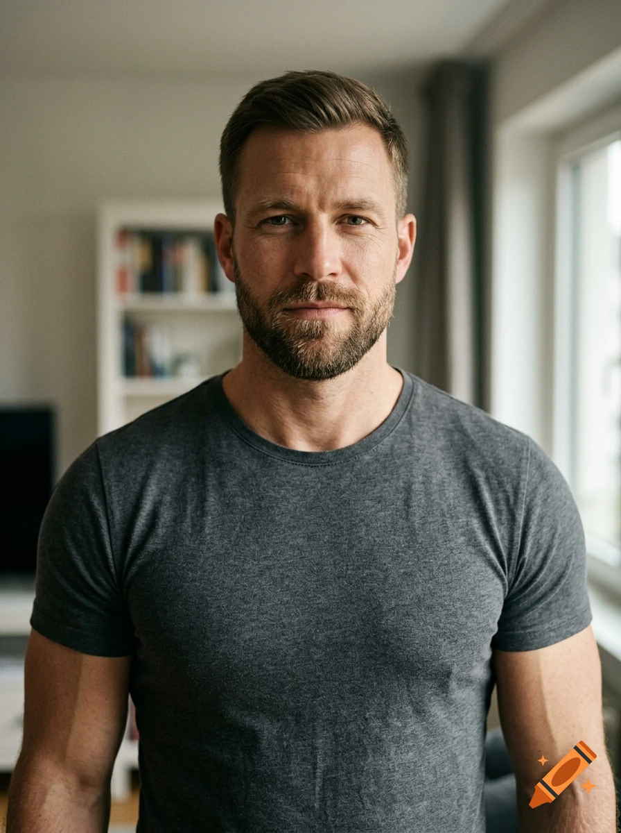 Photorealistic medium shot of a strong, bearded man in a gray t-shirt indoors.