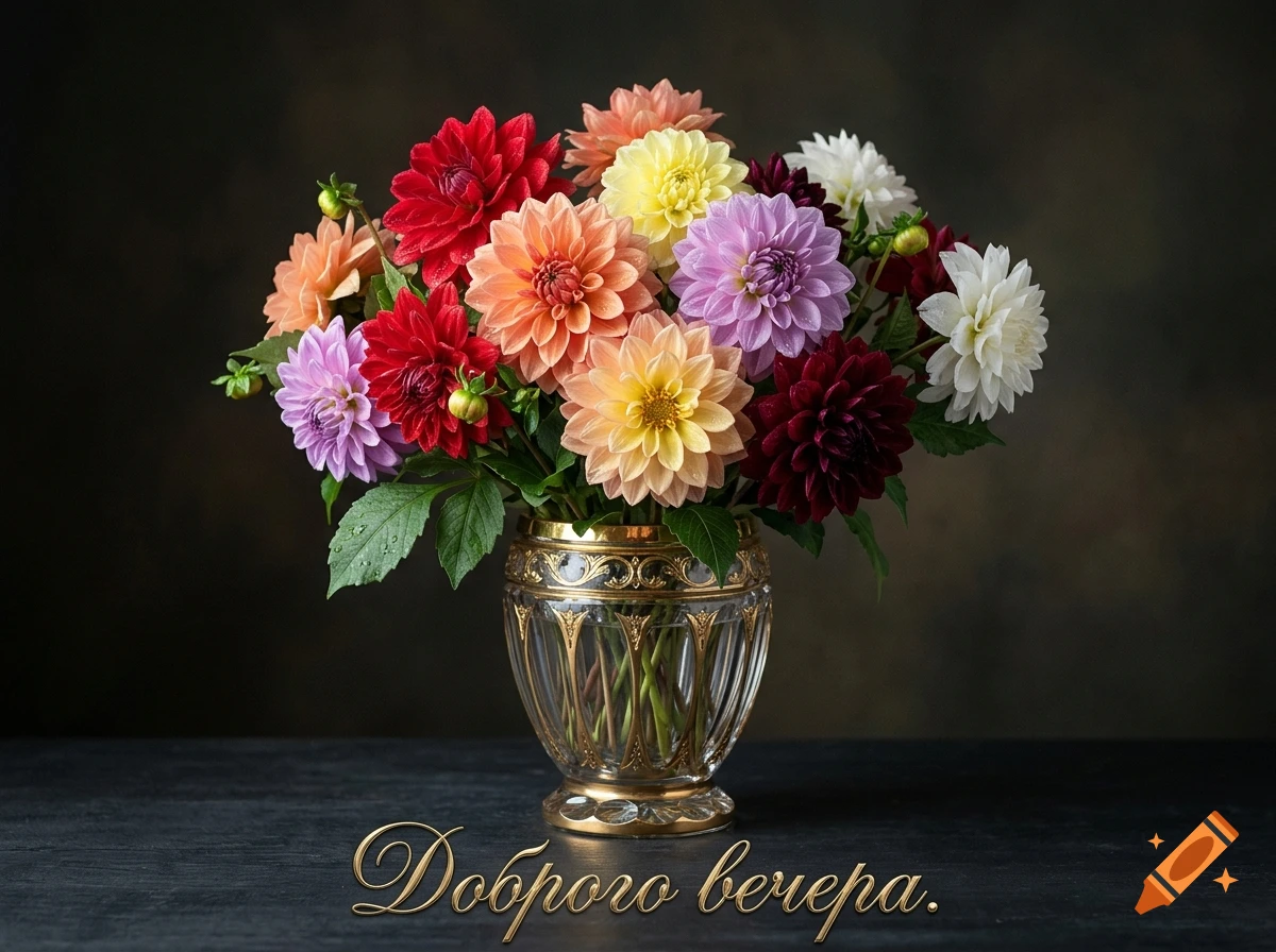 A colorful bouquet of dahlias in a decorative glass and gold vase on a dark surface, with Cyrillic script below.