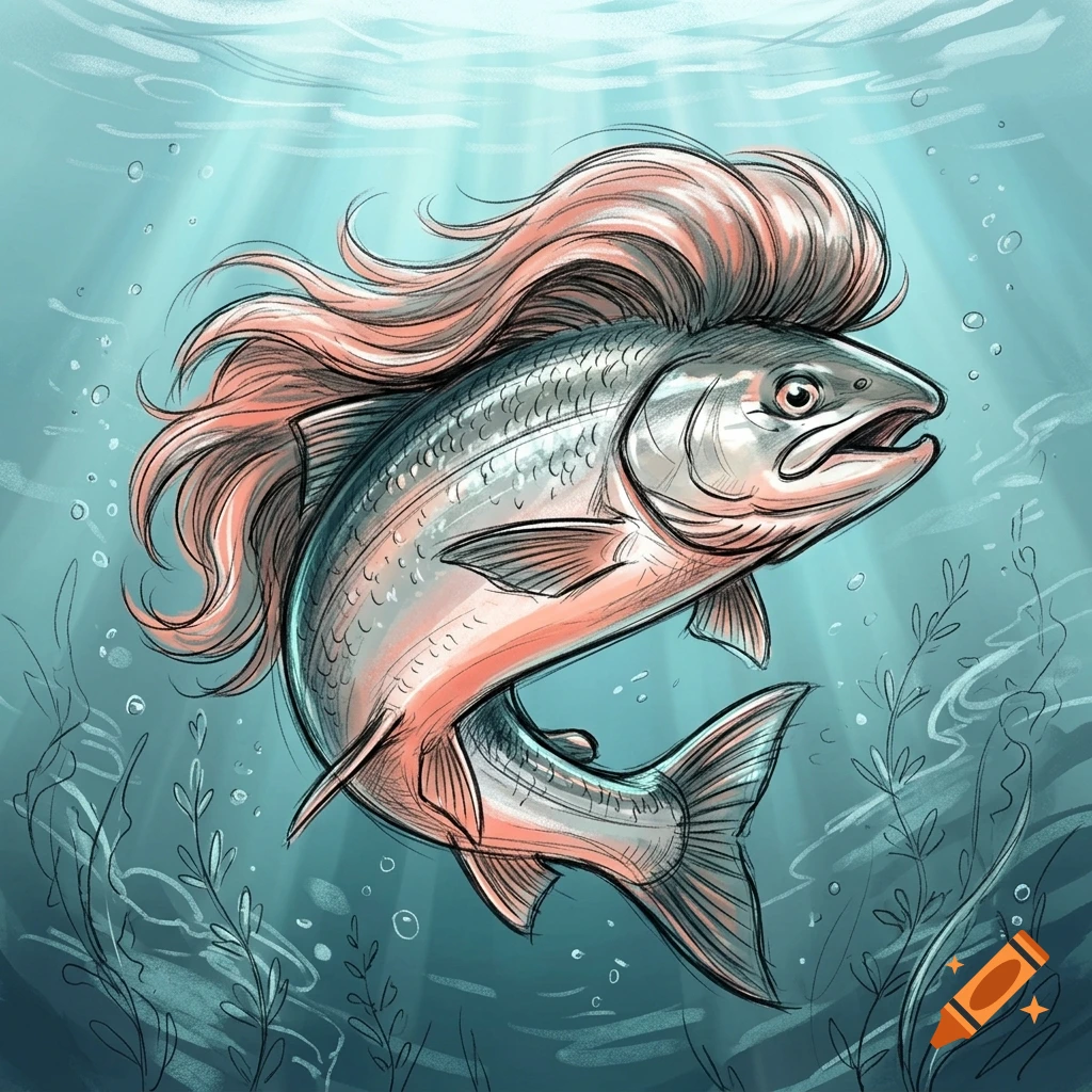 An illustrated salmon with a pink mullet hairstyle swimming underwater among bubbles and sea plants.