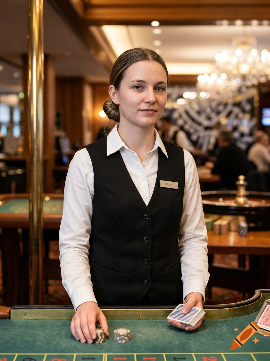 Photorealistic image of a female casino croupier named Elisa standing behind a green gaming table, holding cards and poker chips.