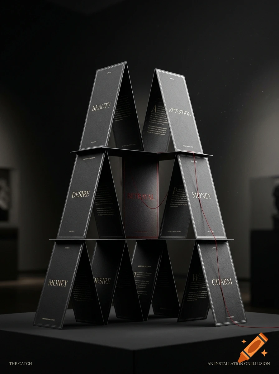 A house of cards built from black rectangular cards printed with words like beauty, attention, desire, and money, displayed on a dark surface.