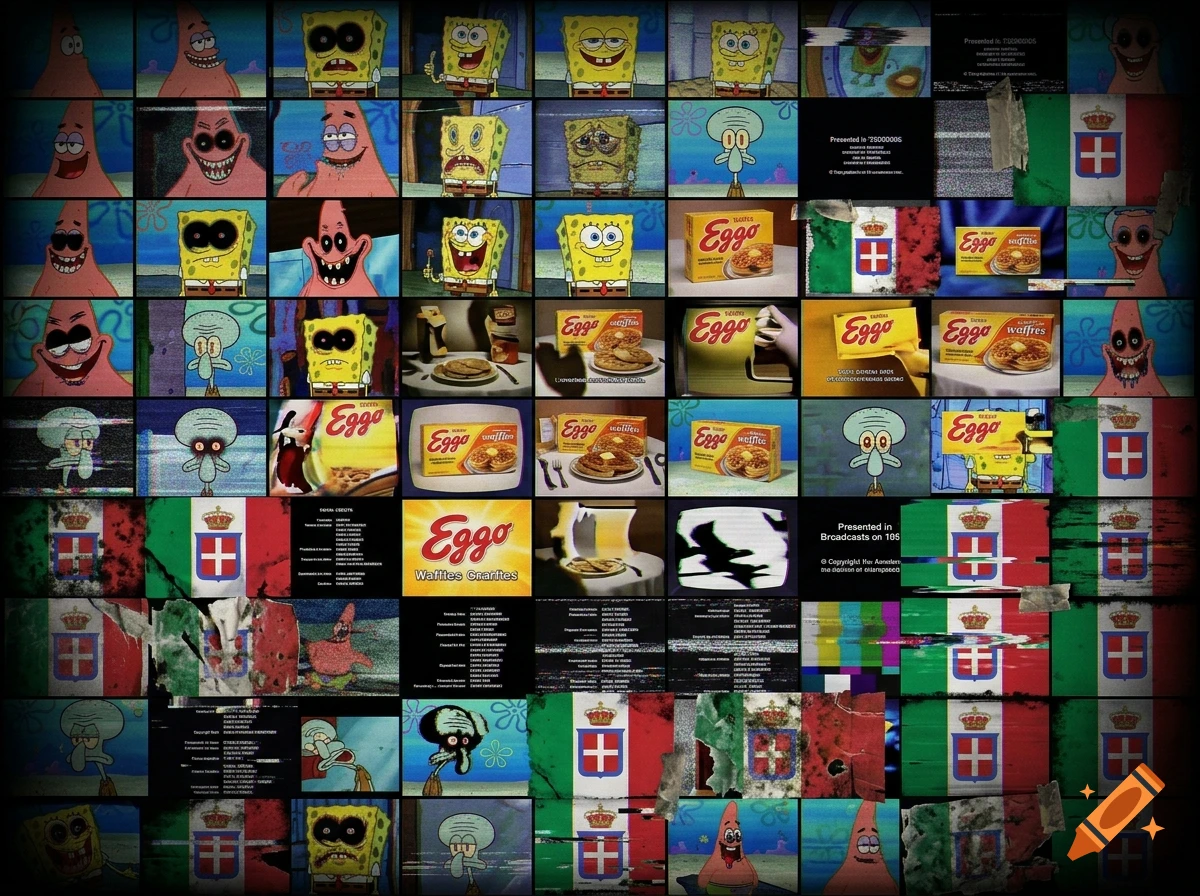 A multi-panel collage featuring various distorted, glitched, and eerie depictions of SpongeBob SquarePants, Patrick Star, and Squidward alongside Eggo waffle boxes and Italian flags.