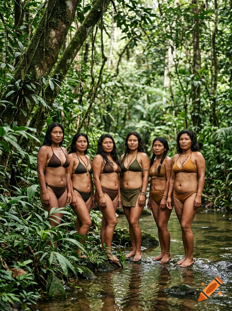 Six indigenous women standing together in a shallow stream surrounded by a dense tropical rainforest.