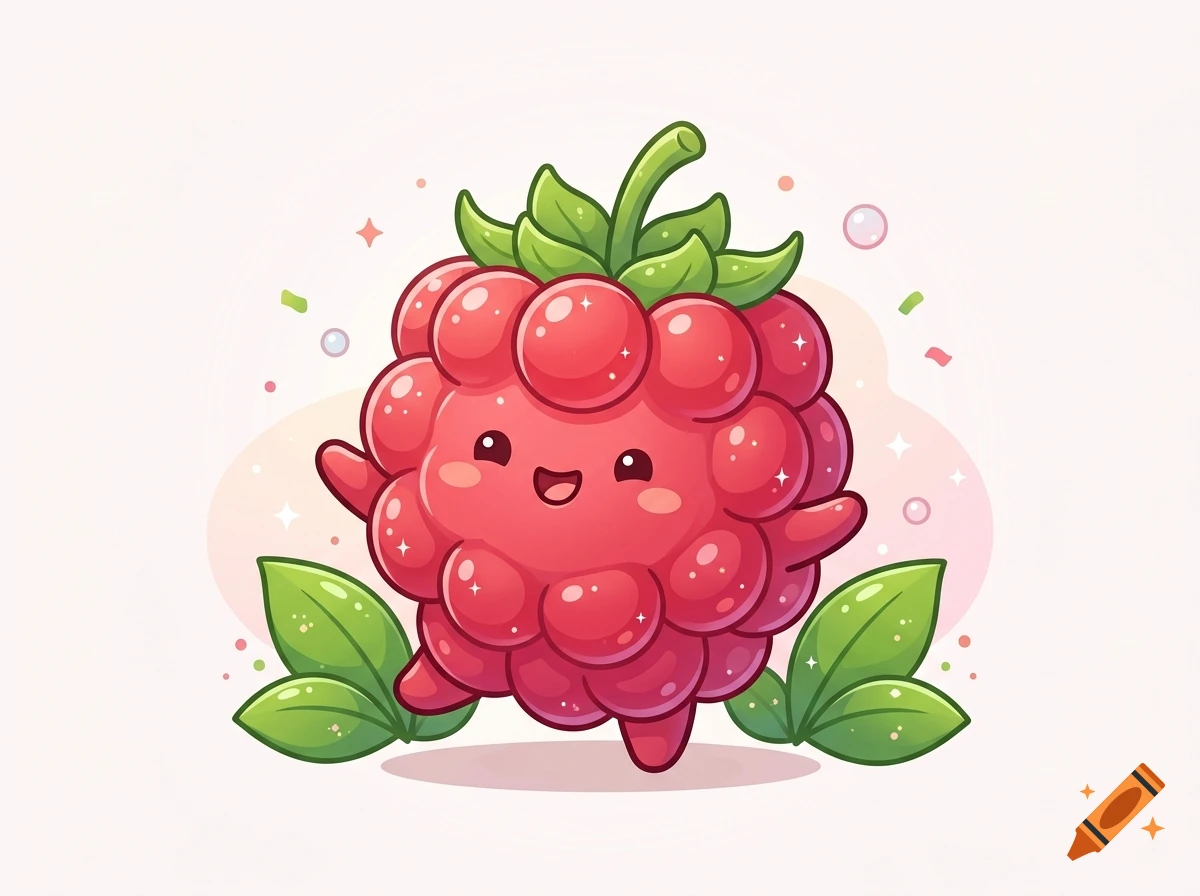 Cute cartoon chibi raspberry character with smiling face, arms, and green leaves in a kawaii art style.