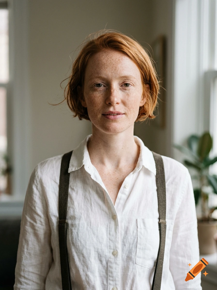 Portrait of a red-haired woman with freckles wearing a white shirt and suspenders indoors.