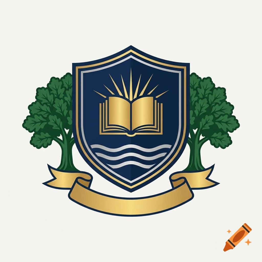 Heraldic school crest with a blue heater shield, gold open book, sun rays, and green oak trees, flat vector style