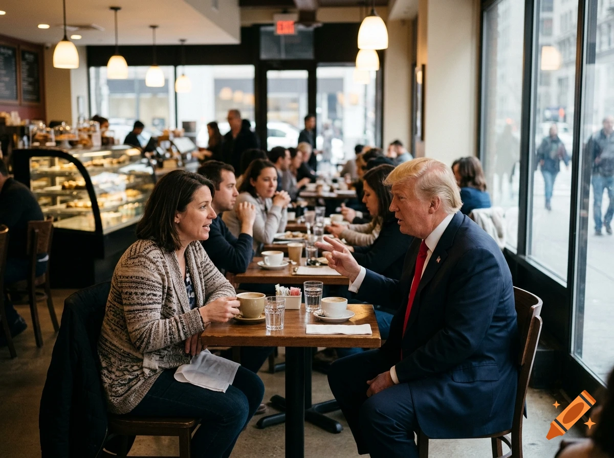 Photorealistic image of a man resembling Donald Trump sitting at a cafe table talking to a woman.