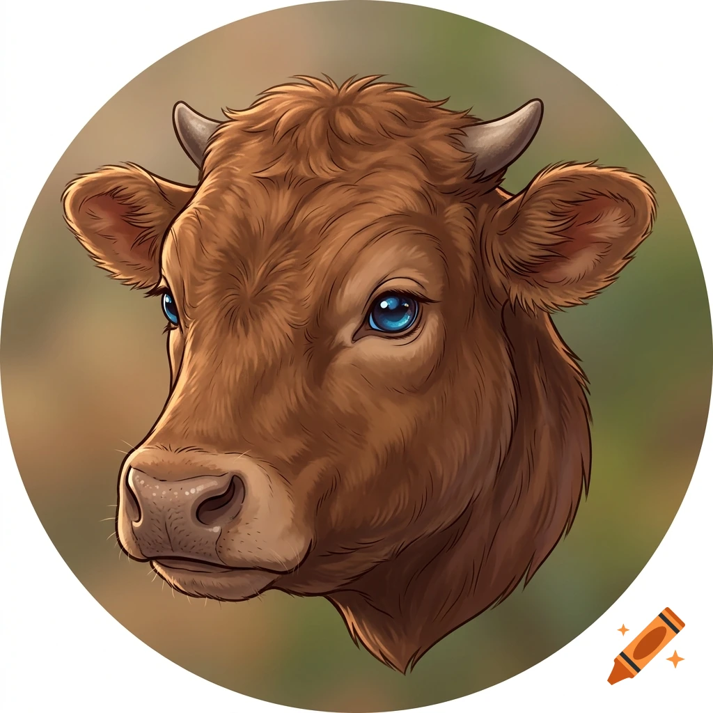 Digital illustration of a brown calf's head with bright blue eyes inside a circular frame.