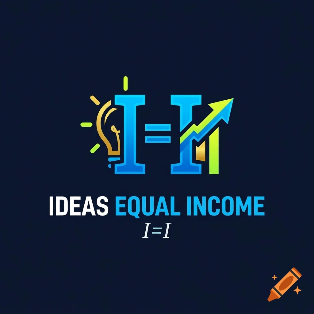 Logo for Ideas Equal Income featuring a lightbulb, ascending arrow, and the text IDEAS EQUAL INCOME I=I on a dark background.