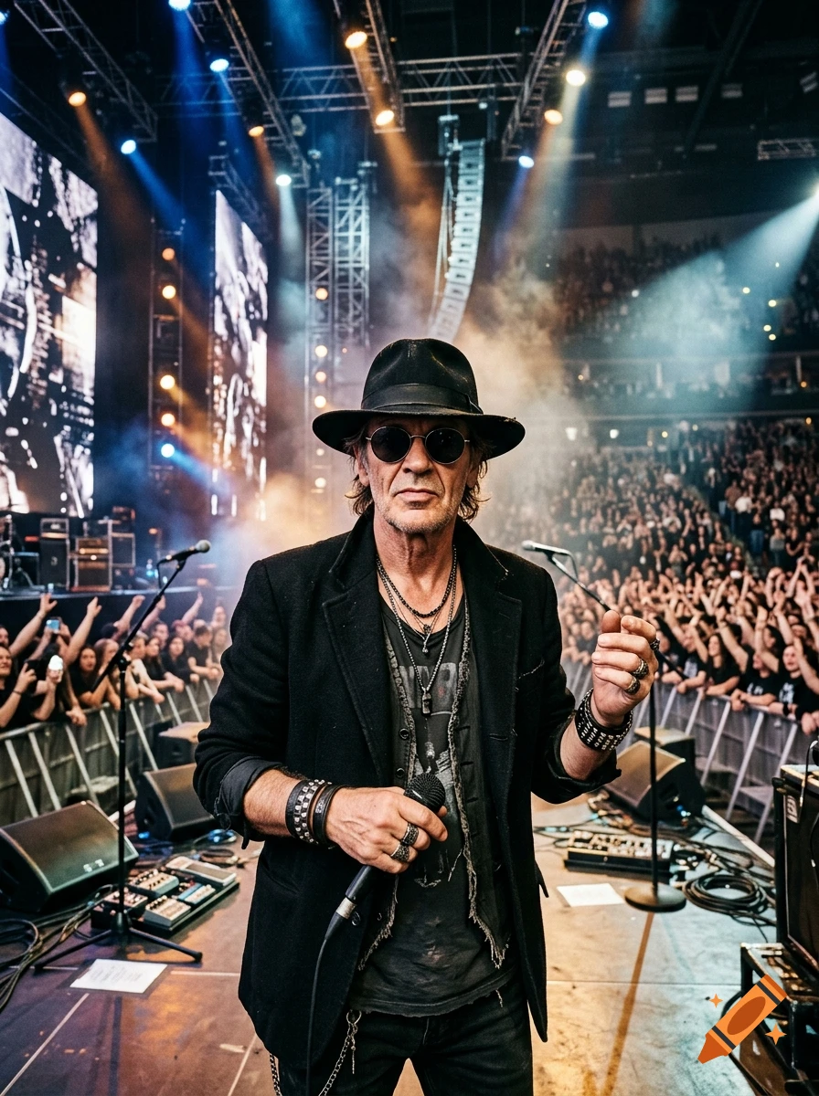 Photorealistic image of a rock musician wearing a black hat, sunglasses, and coat on a stage performing with a crowd and stage lights in the background.