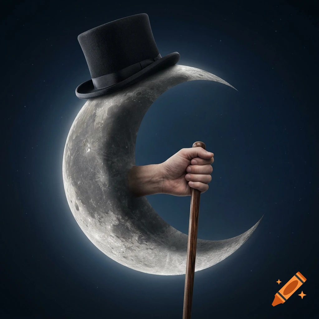 A surreal digital artwork depicts a crescent moon wearing a top hat and holding a wooden walking cane with a human hand extending from its surface against a dark, starry sky background.