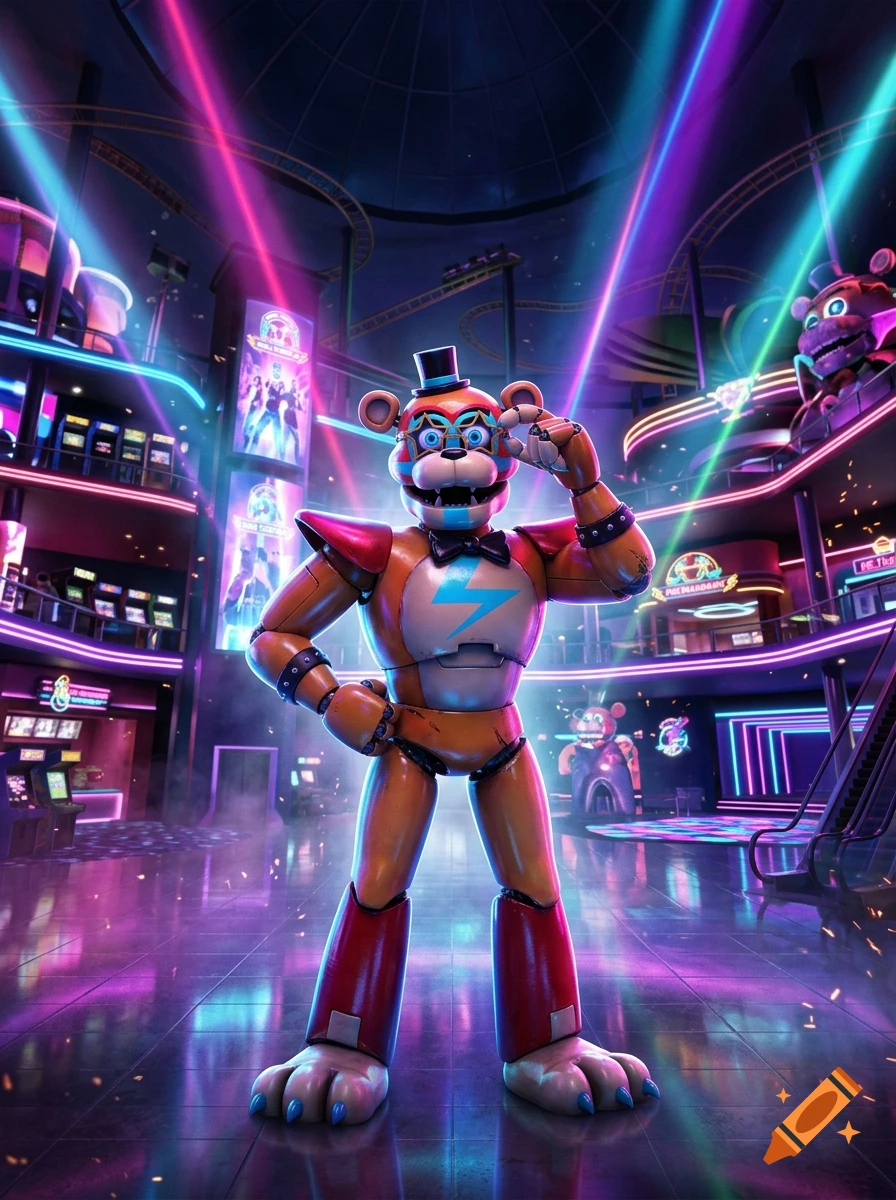 Glamrock Freddy from Five Nights at Freddy's standing in a neon-lit Pizzaplex arcade, 3D render style.