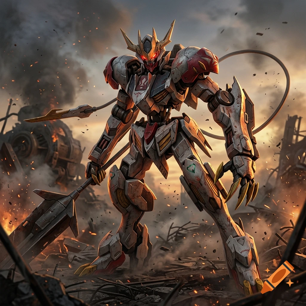 A battle-damaged Gundam mecha standing amidst smoke, fire, and rubble in a warzone setting, digital art style.
