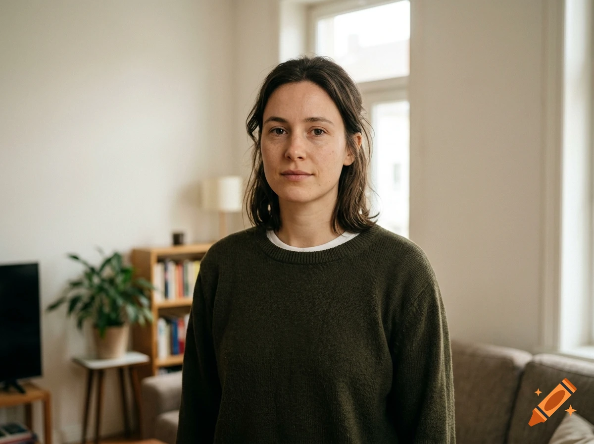 Photorealistic medium shot of a woman with dark hair wearing a dark green sweater, standing inside a furnished living room.