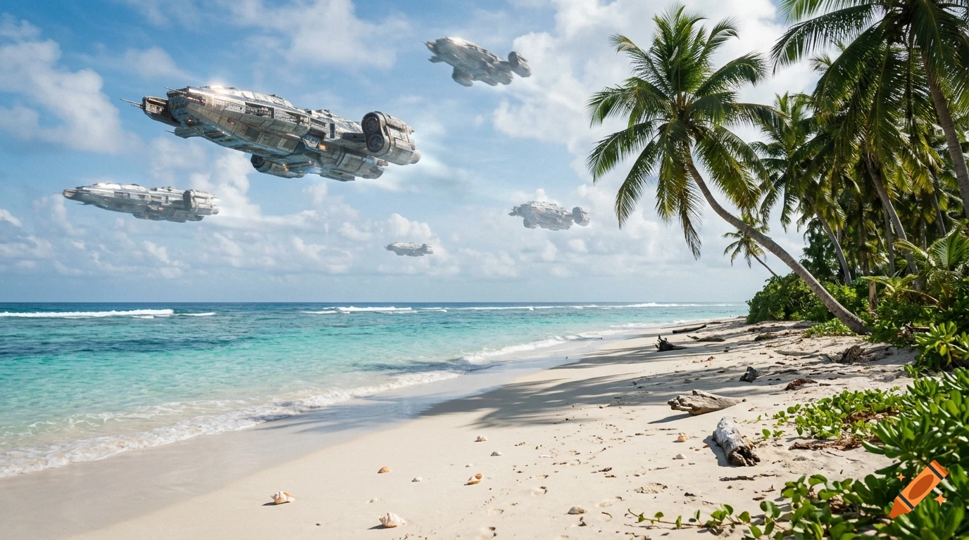 Photorealistic image of multiple futuristic spaceships hovering over a tropical beach with white sand and palm trees under a partly cloudy sky.