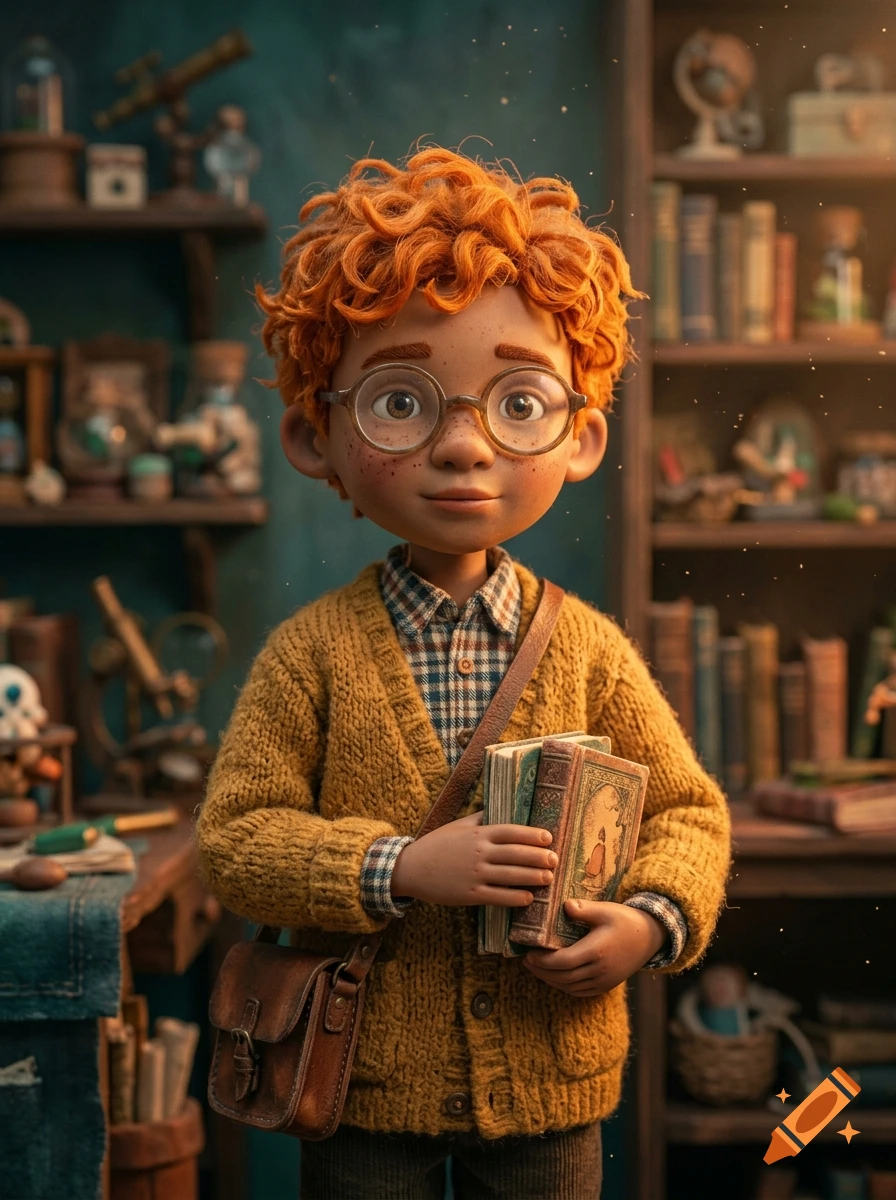 A 3D animated style portrait of a young boy with curly red hair, freckles, and round glasses, wearing a yellow cardigan while holding books in a study room.