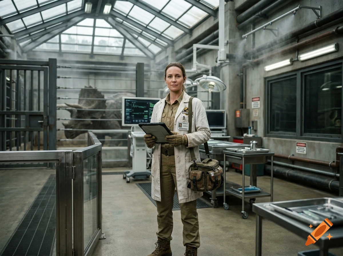 Photorealistic image of a female veterinarian in a laboratory holding a tablet, with a triceratops in a enclosure behind her.