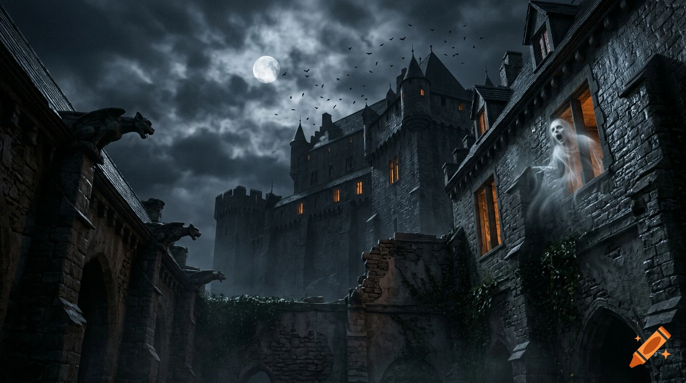 Cinematic dark fantasy image of a medieval castle at night under a full moon with gargoyles and a screaming ghost in a window.