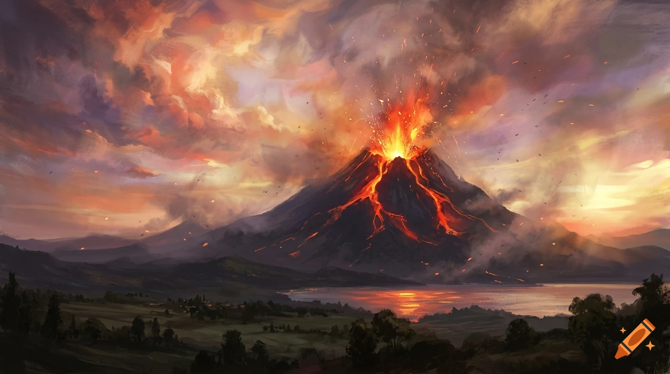 Digital painting of a volcanic eruption at sunset with glowing lava flowing down the mountain and a lake in the foreground.