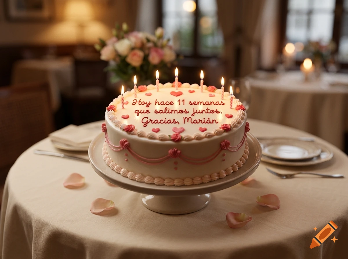 Photorealistic birthday cake with candles and Spanish text on a decorated restaurant table.
