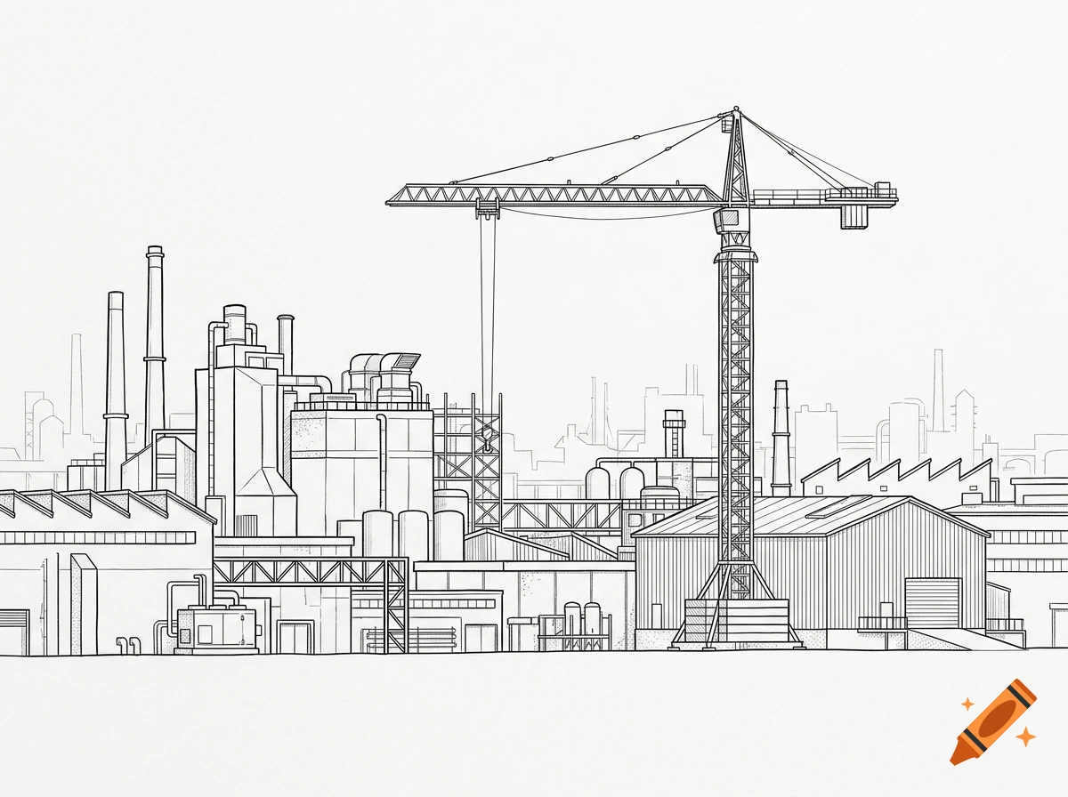 Line drawing of an industrial skyline with various factories, pipes, and a prominent construction crane.