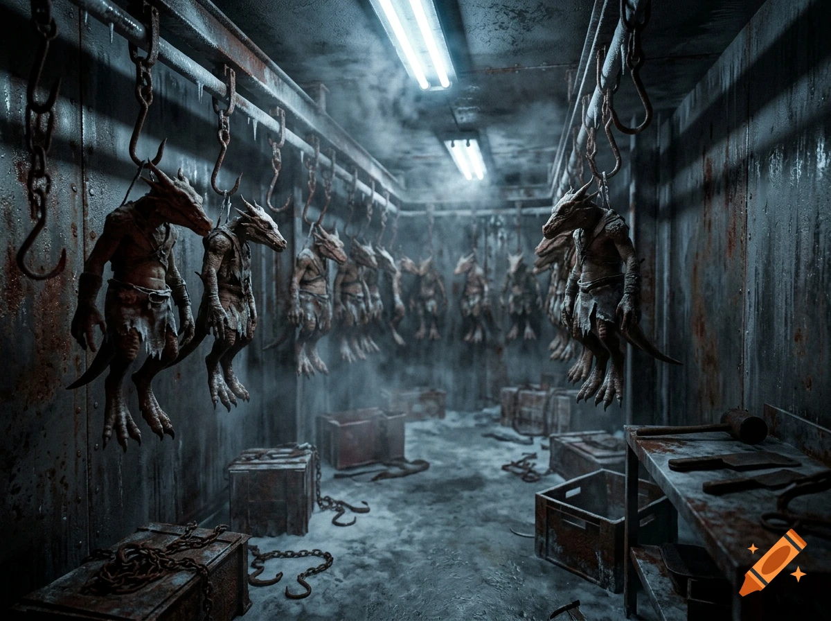 Game screenshot of a gritty industrial meatlocker with humanoid lizard creatures hanging from meat hooks, photorealistic style.