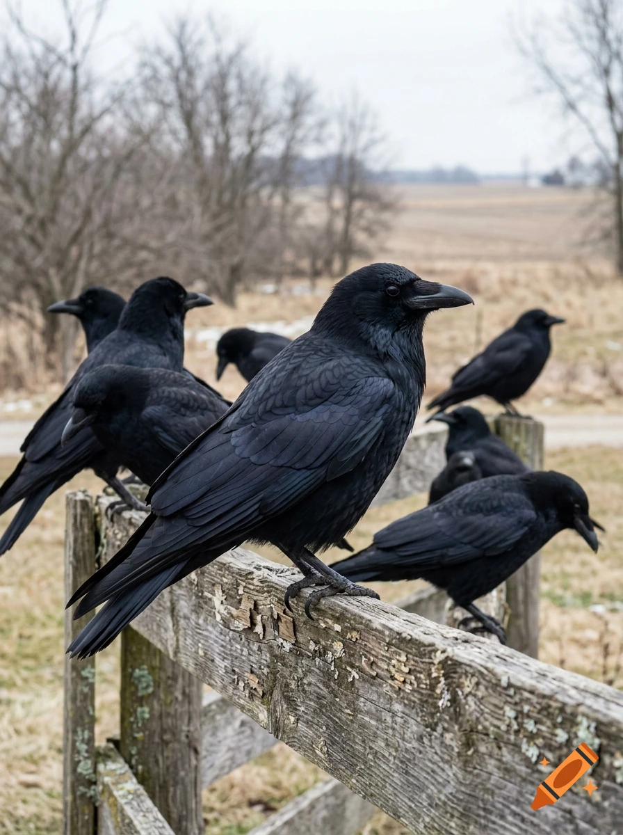 Photorealistic image of a murder of crows perched on an old wooden fence in a countryside setting.