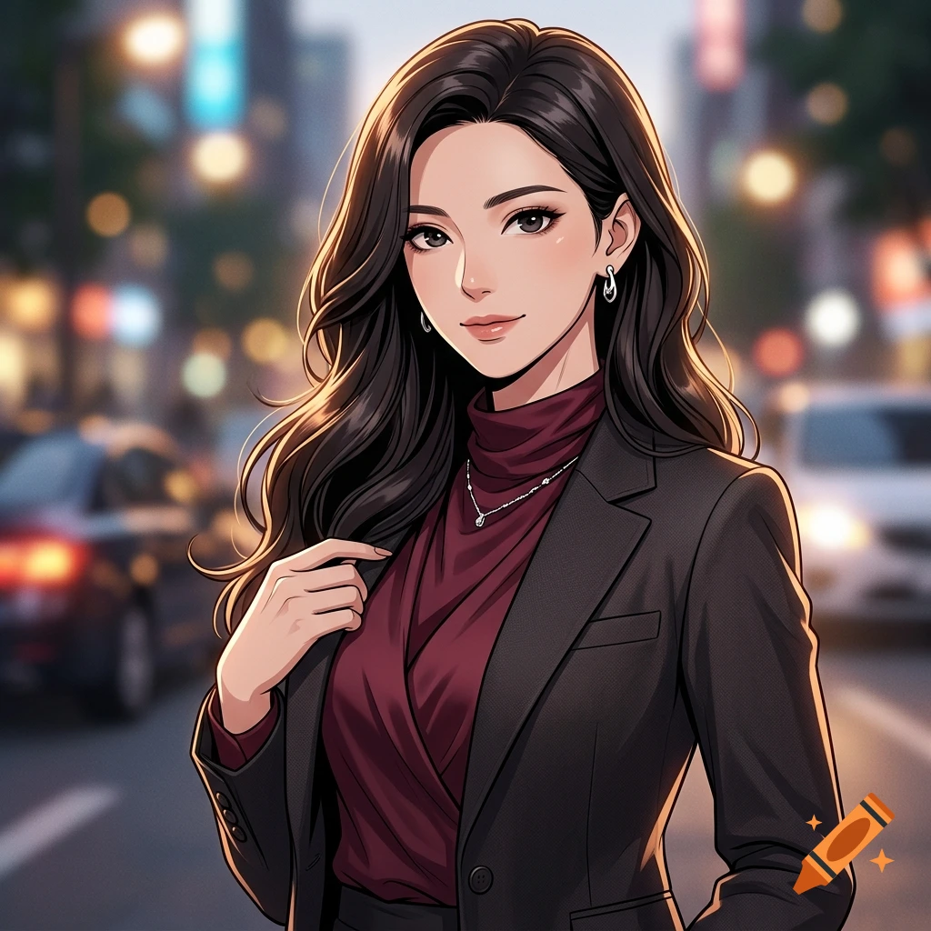 Anime style illustration of a professional woman in a dark suit and maroon turtleneck, with city background at night.