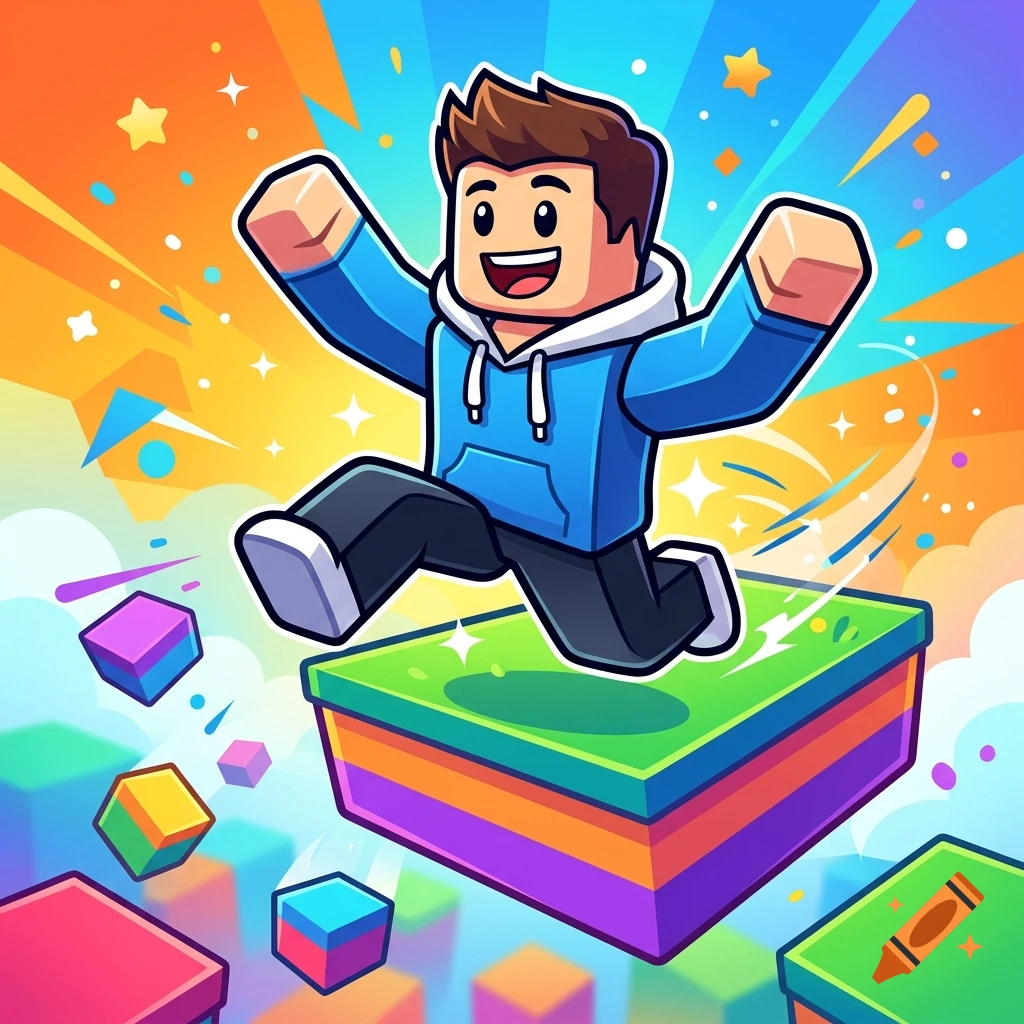 3D cartoon game art of a Roblox avatar jumping joyfully on a colorful floating platform.