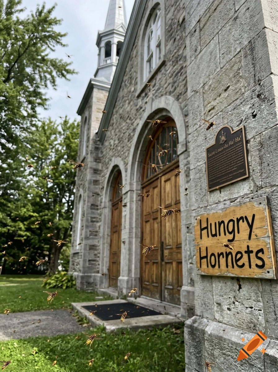 Photorealistic image of a swarm of hornets flying in front of an old stone church with a sign that reads Hungry Hornets.