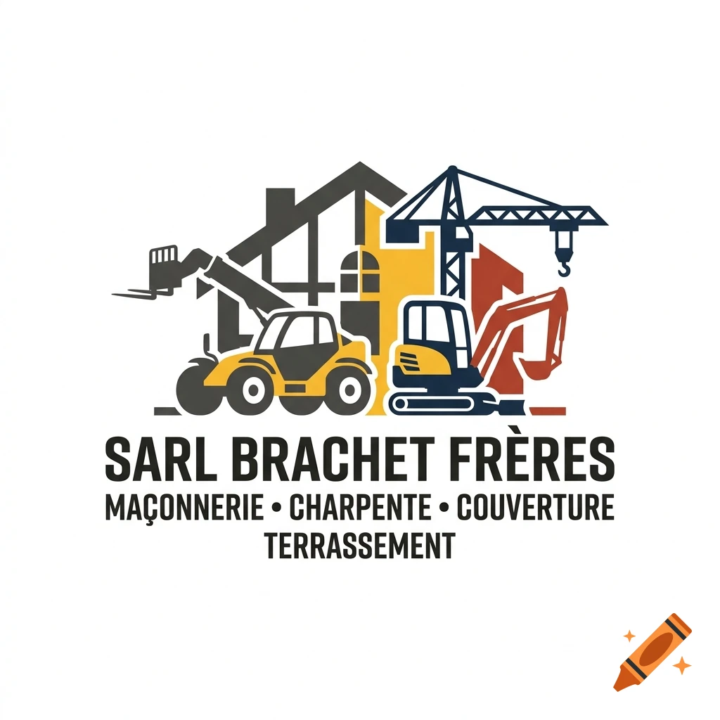 Logo for construction company SARL BRACHET FRERES featuring a house, crane, excavator, and forklift.