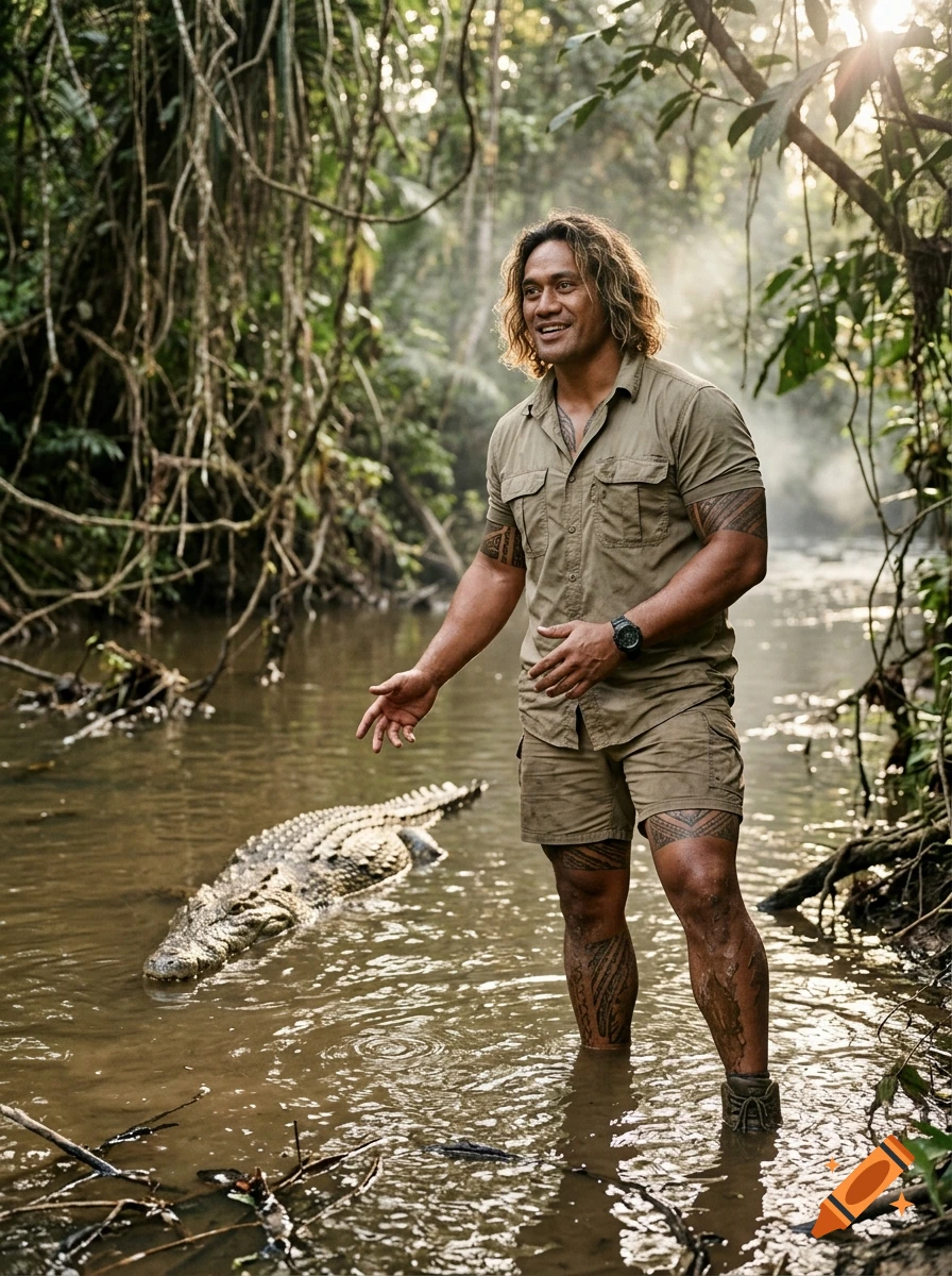 Photorealistic image of a Tongan man with blonde hair and tribal tattoos standing in a jungle river alongside a crocodile.