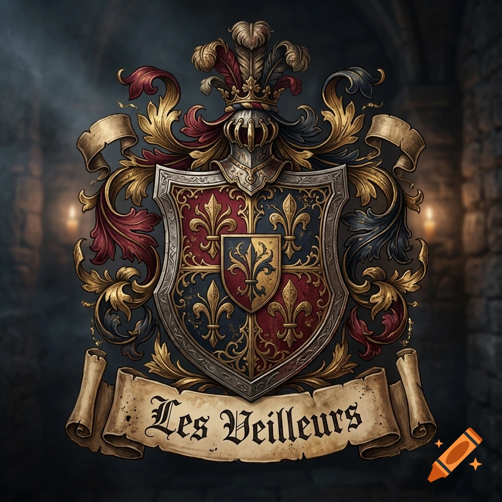 Digital illustration of a medieval coat of arms with a knight's helmet, fleur-de-lis, and a banner reading Les Veilleurs.