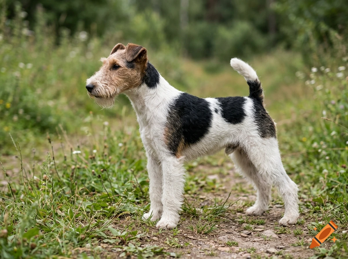 A wire fox terrier standing outdoors in a grassy field.