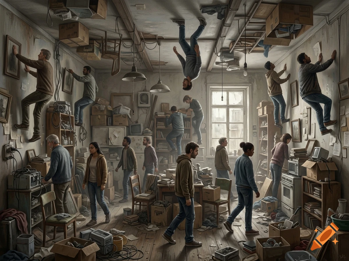 Photorealistic image of multiple people walking on the floor, walls, and ceiling of a cluttered room.