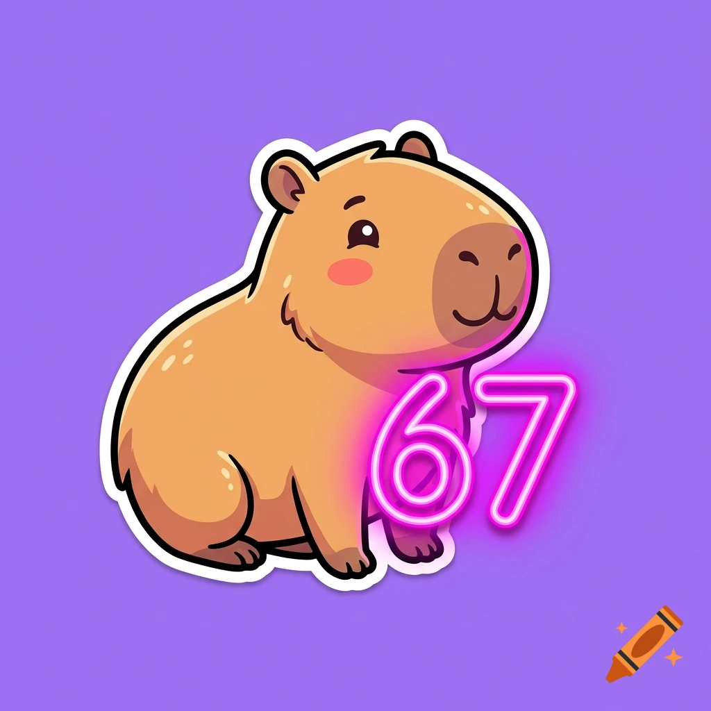 Cute cartoon capybara sticker with rosy cheeks next to a glowing pink neon number 67 on lavender background.