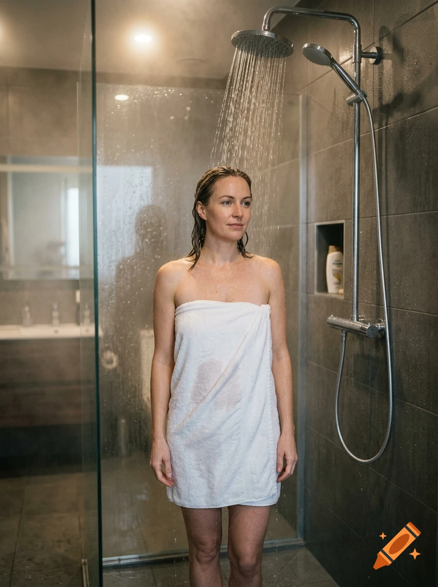 A woman wrapped in a white towel standing under a running shower in a modern tiled bathroom, photorealistic.