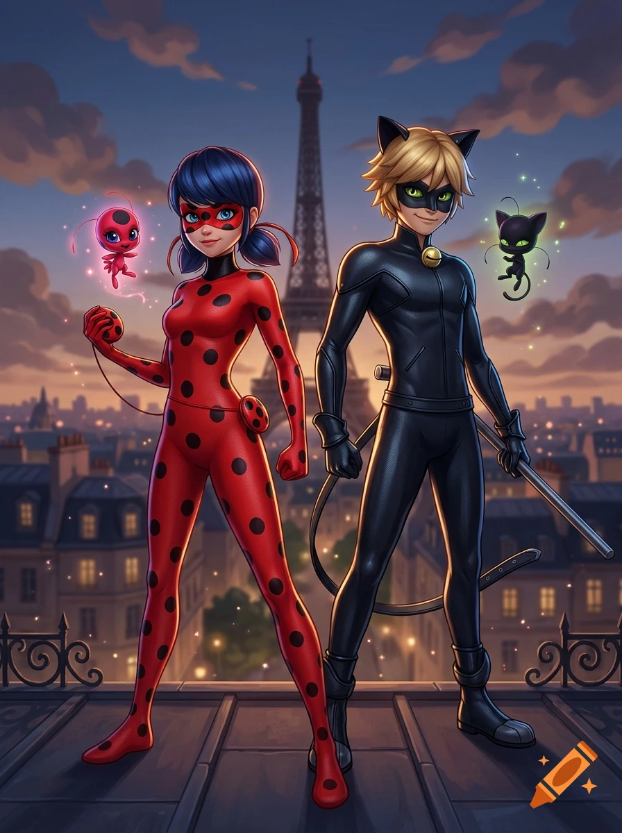 Ladybug and Cat Noir stand on a Parisian rooftop with the Eiffel Tower in the background, accompanied by their kwamis.