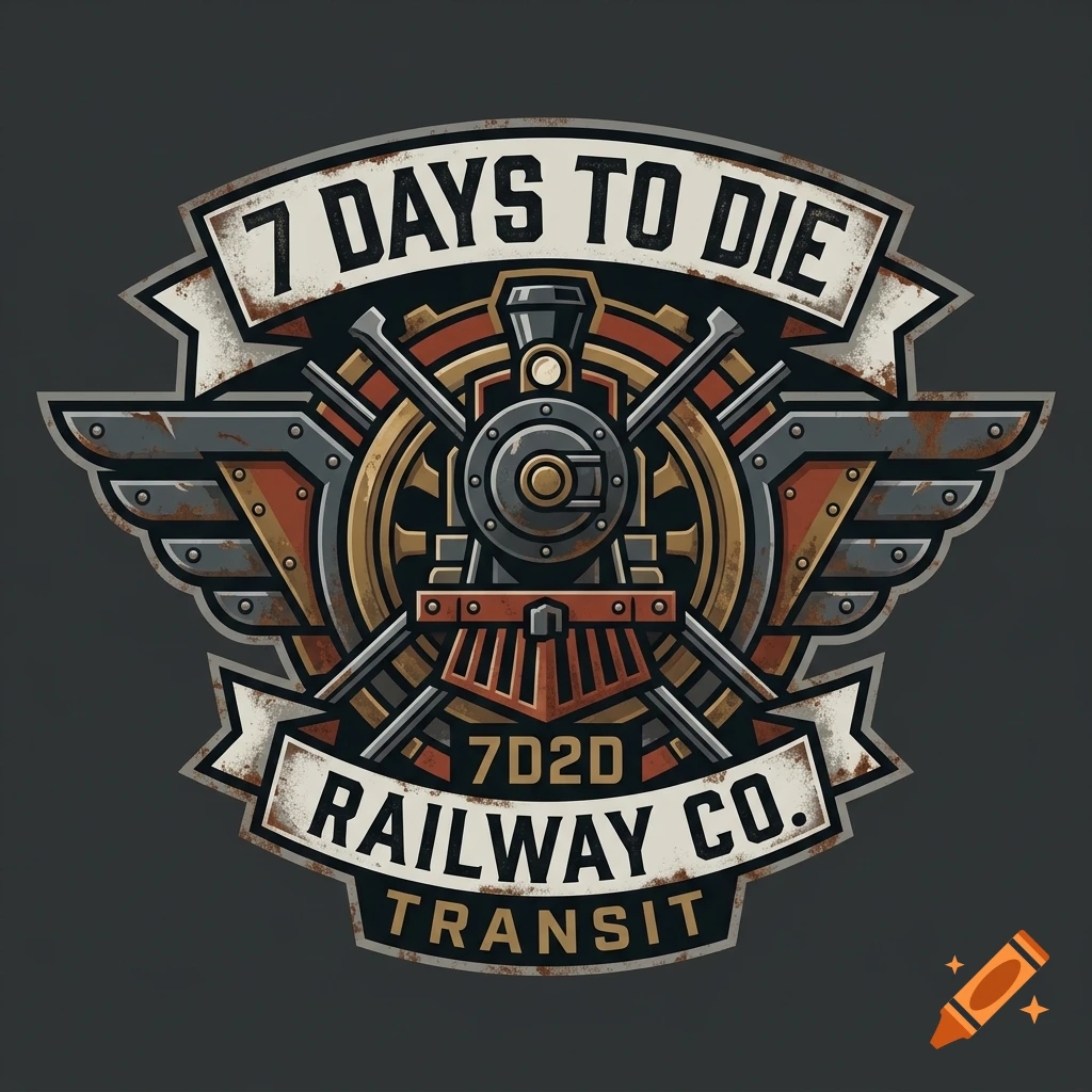 Vintage railway company logo and emblem with a steam locomotive, wings, and text 7 DAYS TO DIE