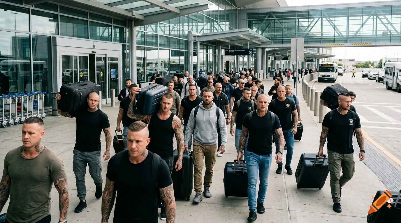 Photorealistic image of a large group of muscular, tattooed men carrying luggage walking outside an airport terminal.