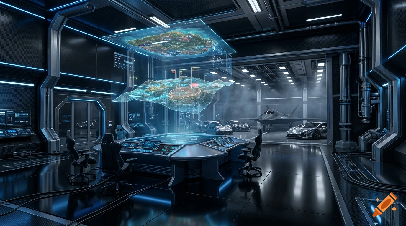 Futuristic underground command center with holographic maps, sleek black-carbon walls, and hypercars in a hangar bay.