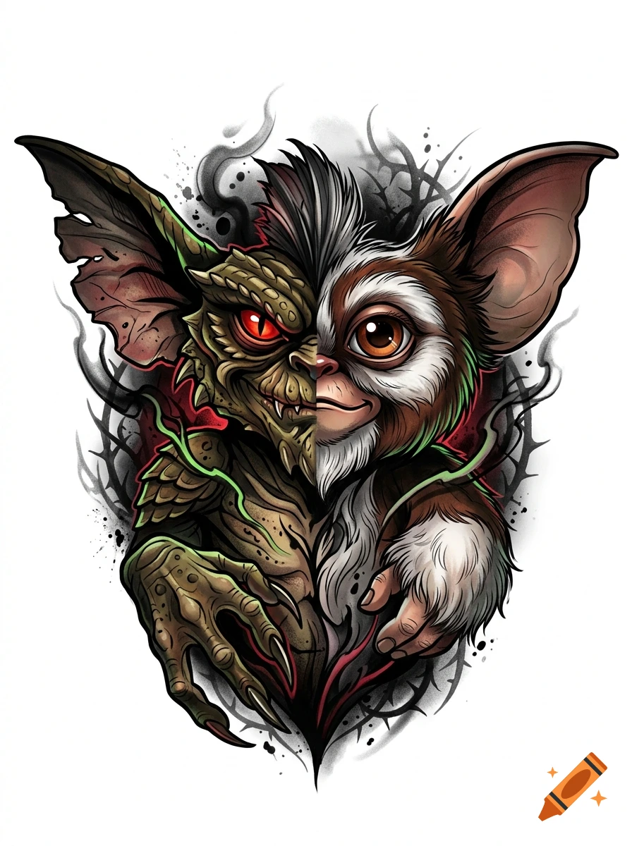 Split tattoo design illustration of a dark, scaly Gremlin on the left and a cute, furry Gizmo on the right.