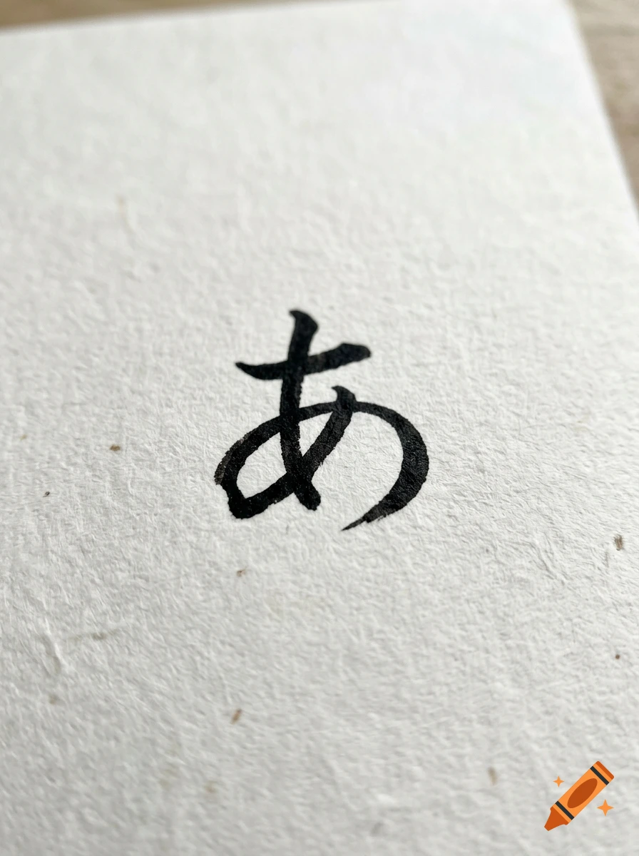 Close-up of a Japanese hiragana character 'a' written in black ink on textured white paper.