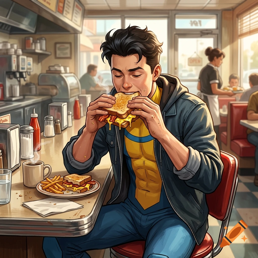 Mark Grayson eating a bacon, egg, and cheese sandwich in a retro diner, digital illustration style.