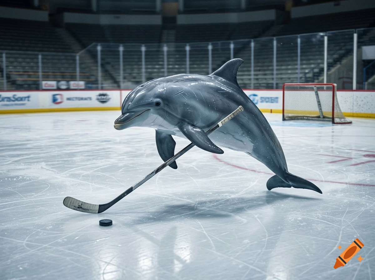 A dolphin holding a hockey stick hovers over an ice hockey rink with a puck and a goal in the background.