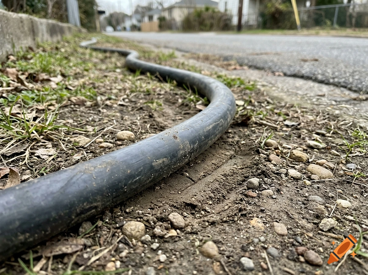 Close-up photorealistic shot of a black cable running along the ground near a street curb.